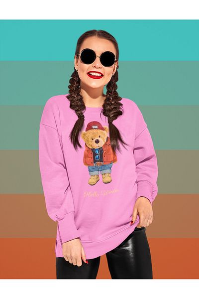 SUNFREE سويت شيرت مطبوع عليه Hello Winter Teddy Bear للجنسين