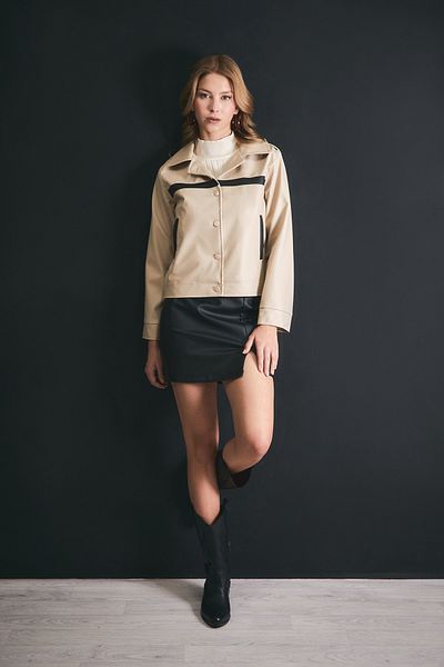 Fulla Moda Basic Stripe Detailed Shirt Collar Faux Leather Coat