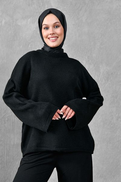 4S1B FASHION Tricotaj negru Pulover Hijab - Mânecă evazată, Umăr căzut, Gât crew, Mânecă lungă, Mărime supradimensionată 4091