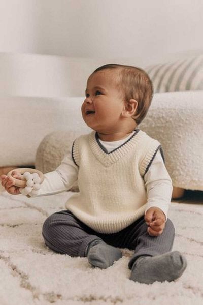 Next Baby Cotton Cream Knitwear Suede Bodysuit Tights 3-Piece Bottom Top Set