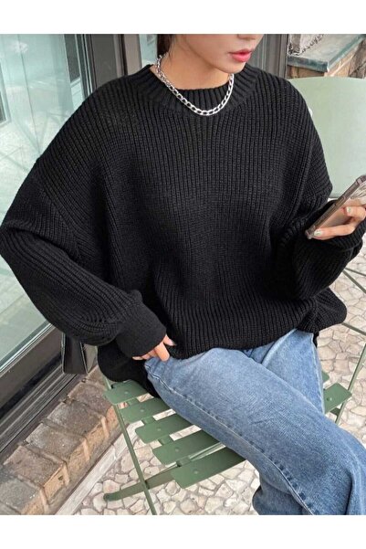 MODASPARK Siyah Bisiklet Yaka Oversize Kadın Triko Kazak