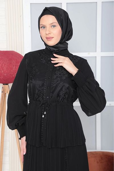 lodmela Set din șifon dublu plisat cu detaliu cravată 116-negru