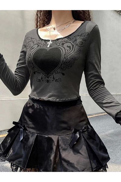 DarkellaStore Gothic Gothic Grunge Heart Long Sleeve Crop Blouse