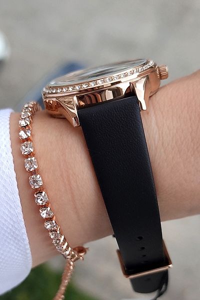 Daniel Klein New Model Black Leather Strap Women's Wristwatch + Zircon Stone Bracelet