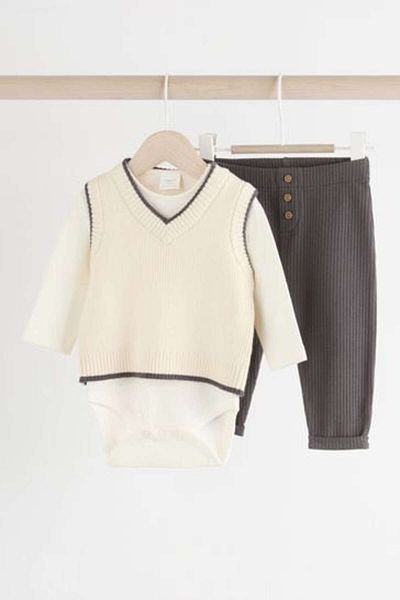 Next Baby Cotton Cream Knitwear Suede Bodysuit Tights 3-Piece Bottom Top Set