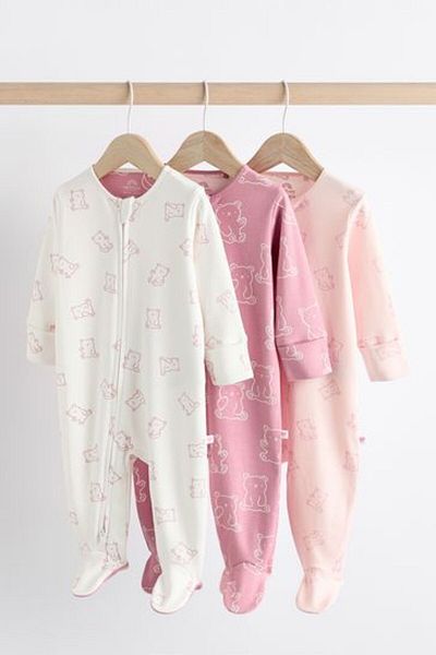 Next Baby 100% Cotton Pink Bear Print Zippered 3-Piece Jumpsuit Set