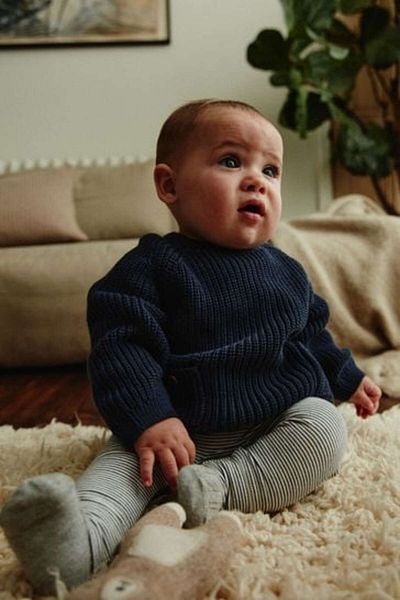 Next Baby Cotton Navy Blue Knitwear Striped Long Sleeve Bottom Top Set