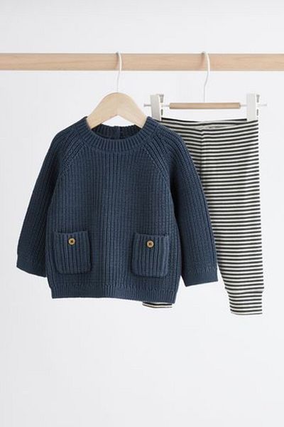 Next Baby Cotton Navy Blue Knitwear Striped Long Sleeve Bottom Top Set