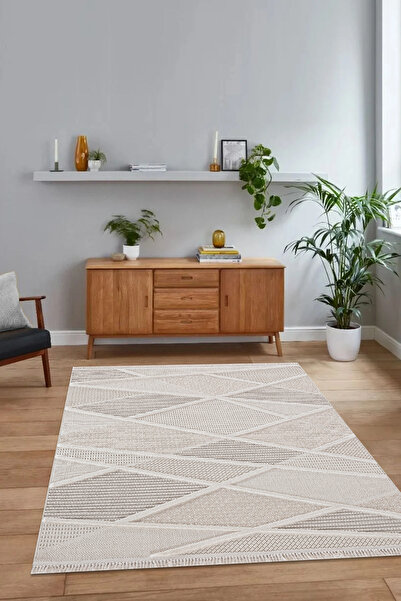 Zarif ZRF-1087-KREM Yumuşak Dokulu Halı Kilim Salon Mutfak Koridor Kesme Yoll...