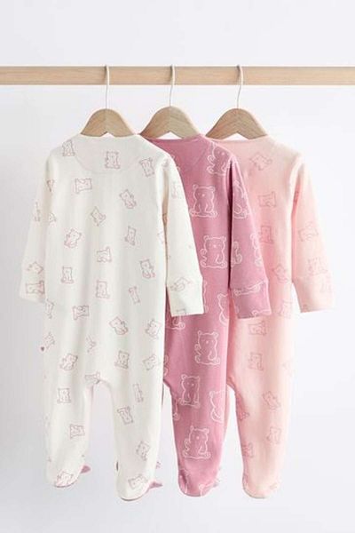 Next Baby 100% Cotton Pink Bear Print Zippered 3-Piece Jumpsuit Set