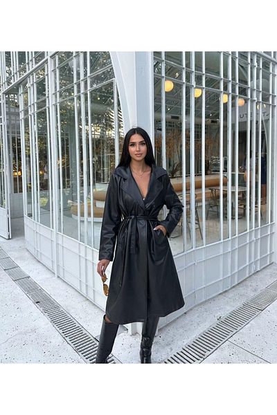 Masal Long Leather Trench Coat with Pockets