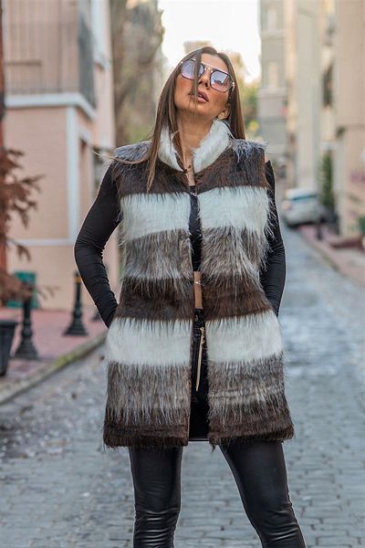 Markano Brown White Striped Long Faux Fur Vest with Beige Leather Detail on the Back and Pockets