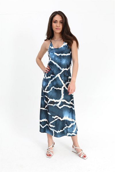 VAPUR TEKSTİL Rochie din satin cu imprimeu albastru - bretele reglabile