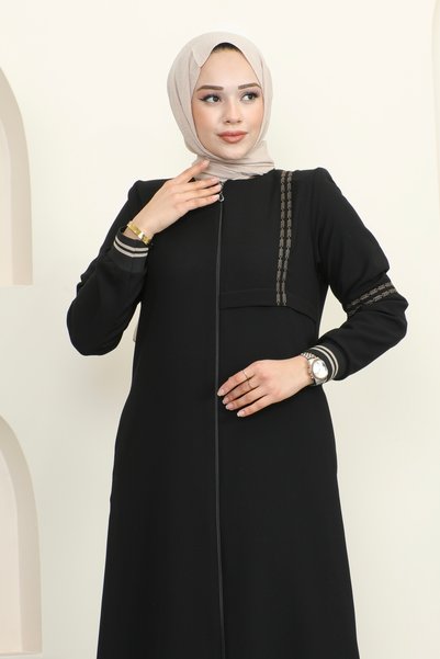 Moda Neva Nakışlı Ribanalı Tesettür Ferace - Siyah