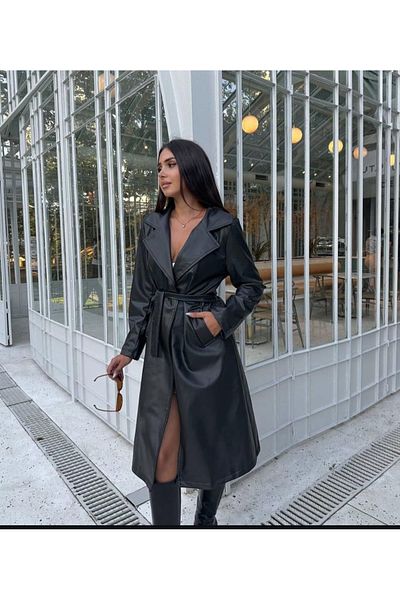 Masal Long Leather Trench Coat with Pockets