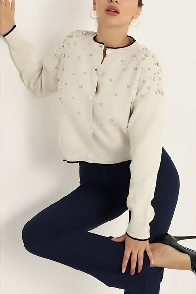 Butik Şenel Stylish Button Detailed Knitwear Cardigan with Stones on It