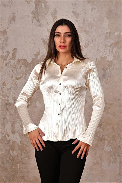 Markano Ecru Satin Pleated Long Sleeve Shirt