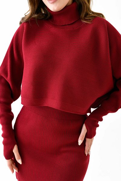 vuvutasarım Rollkragenpullover in Burgunderrot und weinroter Rock mit hoher Taille, zweiteiliges Set – handverpackt 075