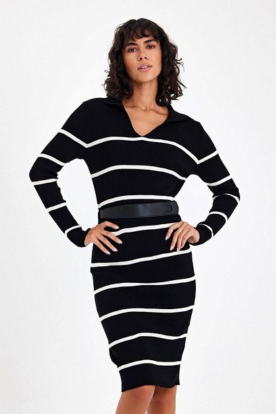 Novalüx Markano Black Striped V-Neck Belted Knee Length Knitwear Dress