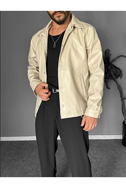 THEMANN Çıtçıt Düğme Kapamalı Krem Deri Ceket