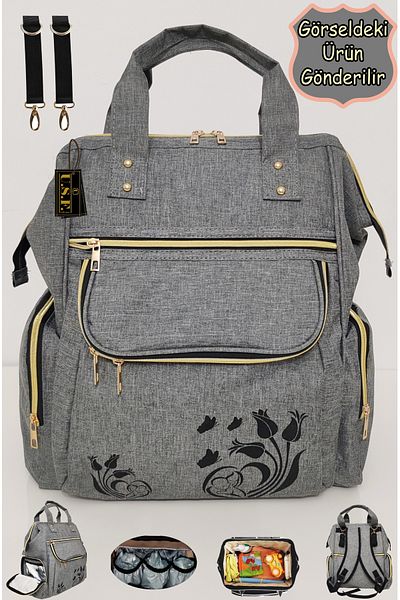 USF Luxury Mother Baby Care Bag - Backpack with Tulip Pattern, Gray