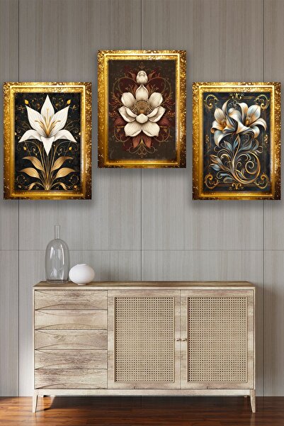 Nod Gold Glitter Flower Series Painting Set, Black Gold Patterned Flower Painting, Decorative Wall Ornament