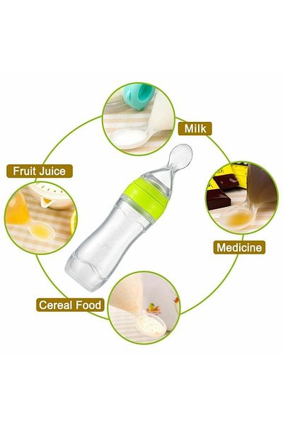 safestore Green Baby Feeding Bottle - with Spoon and Squeeze, Supplementary Food Spoon Without Bpa