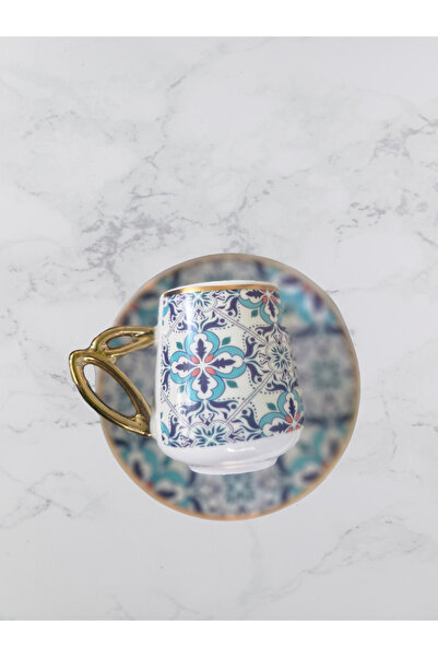 Selbu Etnik-Çini Desenli Altın Detaylı 6'lı Porselen Kahve Fincan Takımı