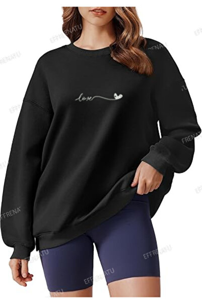 EFFRENATU Women's Crew Neck Basic Oversize Black Sweatshirt