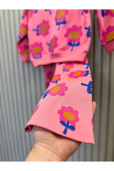 Magu Girl's Pink Flower Patterned Winter 3 Thread Cotton Sweatshirt Tights Top and Bottom Set