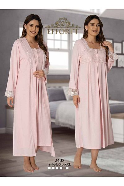 Effortt Maternity Pregnant Lace Detailed Dressing Gown Primum 2-Piece Nightgown Set