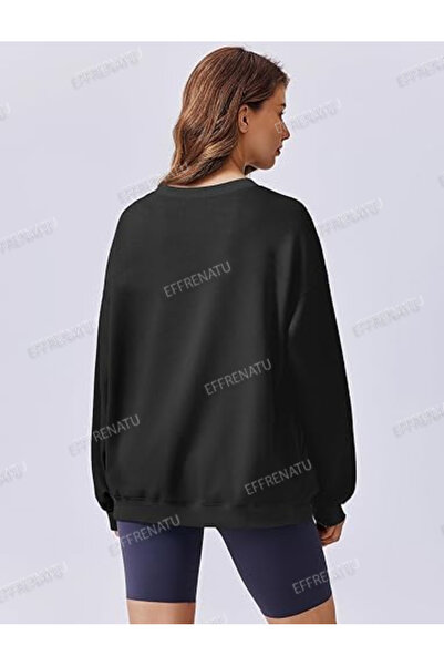 EFFRENATU Women's Crew Neck Basic Oversize Black Sweatshirt
