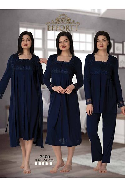 Effortt Maternity Pregnant Lace Detailed Dressing Gown Primum 4-Piece Night Pajamas Set