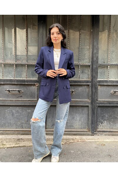 deqfashion Kadın Lacivert Kruvaze Düğme Detaylı Oversize Blazer Ceket