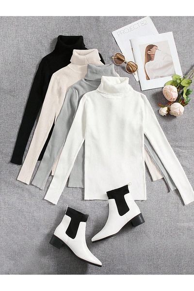 JAKARLI Pachet de 4 unisex, negru, alb, bej, gri, bumbac, pulover slimfit cu gât