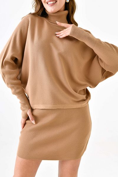 vuvutasarım Turtleneck Camel Knitwear Sweater and High Waist Camel Knitwear Skirt - Hand-Patching Design 075