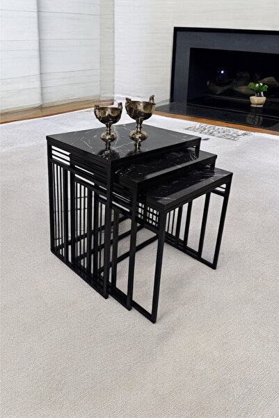 Mobievim Milano Siyah Metal Ayaklı Mermer Desenli Zigon Sehpa