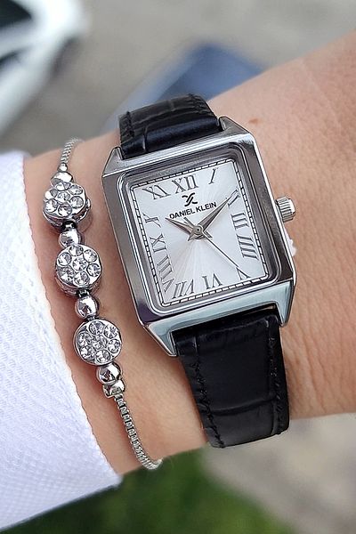 Daniel Klein Zircon Stone Black Leather Women's Wristwatch and Bracelet - Rectangular Strap
