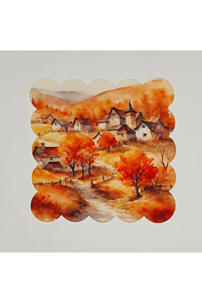 DECO Turuncu Sonbahar Köyü Desenli Dijital Baskılı Kumaş Kokteyl Peçetesi Lazer Kesimli