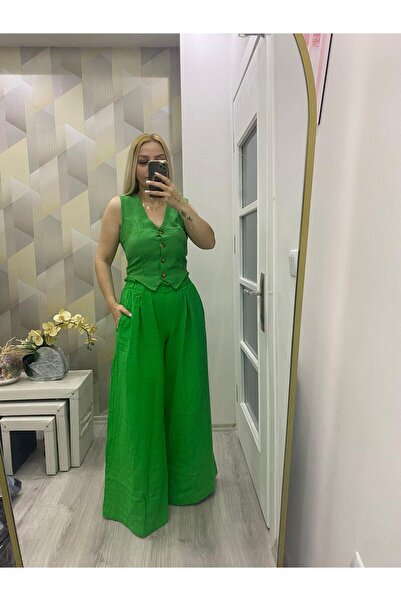 SUSEEMODA Bel Lastikli Bol Paça Keten Pantolon Yeşil
