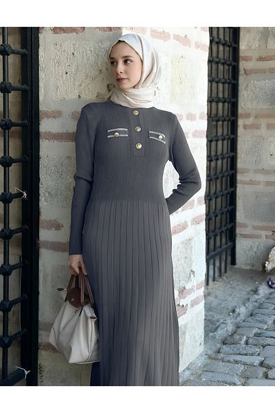 MAXXANA Polo Neck Glitter Detailed Ribbed Knitwear Hijab Dress