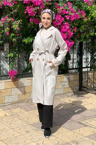 Moda Rosa 25K5011 - رمادي - معطف طويل ذو أربطة