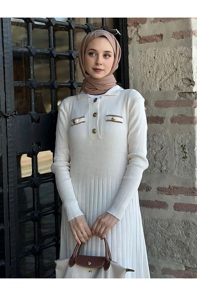 MAXXANA Polo Neck Glitter Detailed Ribbed Knitwear Hijab Dress