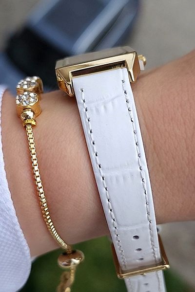 Daniel Klein Gold Yellow - Zircon Stone White Leather Women's Wristwatch and Bracelet Gift