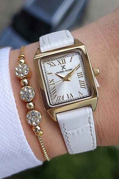 Daniel Klein Gold Yellow - Zircon Stone White Leather Women's Wristwatch and Bracelet Gift