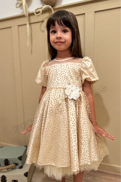 penu baby kids Μπεζ φλοράλ λεπτομερές ασημί πουά μανίκι μπαλόνι για κορίτσια και κοριτσάκια