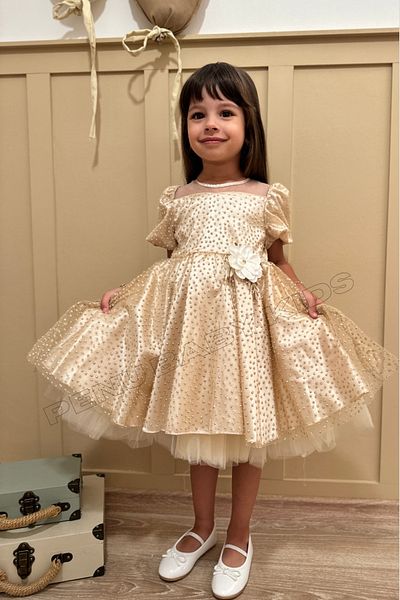 penu baby kids Μπεζ φλοράλ λεπτομερές ασημί πουά μανίκι μπαλόνι για κορίτσια και κοριτσάκια