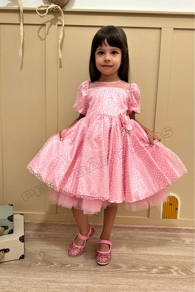 penu baby kids Rochie pentru fetiță cu mânecă cu balon cu buline strălucitoare cu flori roz