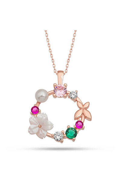 Genel Markalar 925 Ayar Gümüş Rose Manolya Çiçeği Kelebek Kadın Kolye