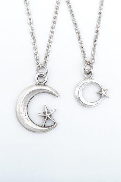 Genel Markalar 2'li Ay Yıldız Gümüş Kaplama Unisex Düz Zincir Kolye Seti kod ...